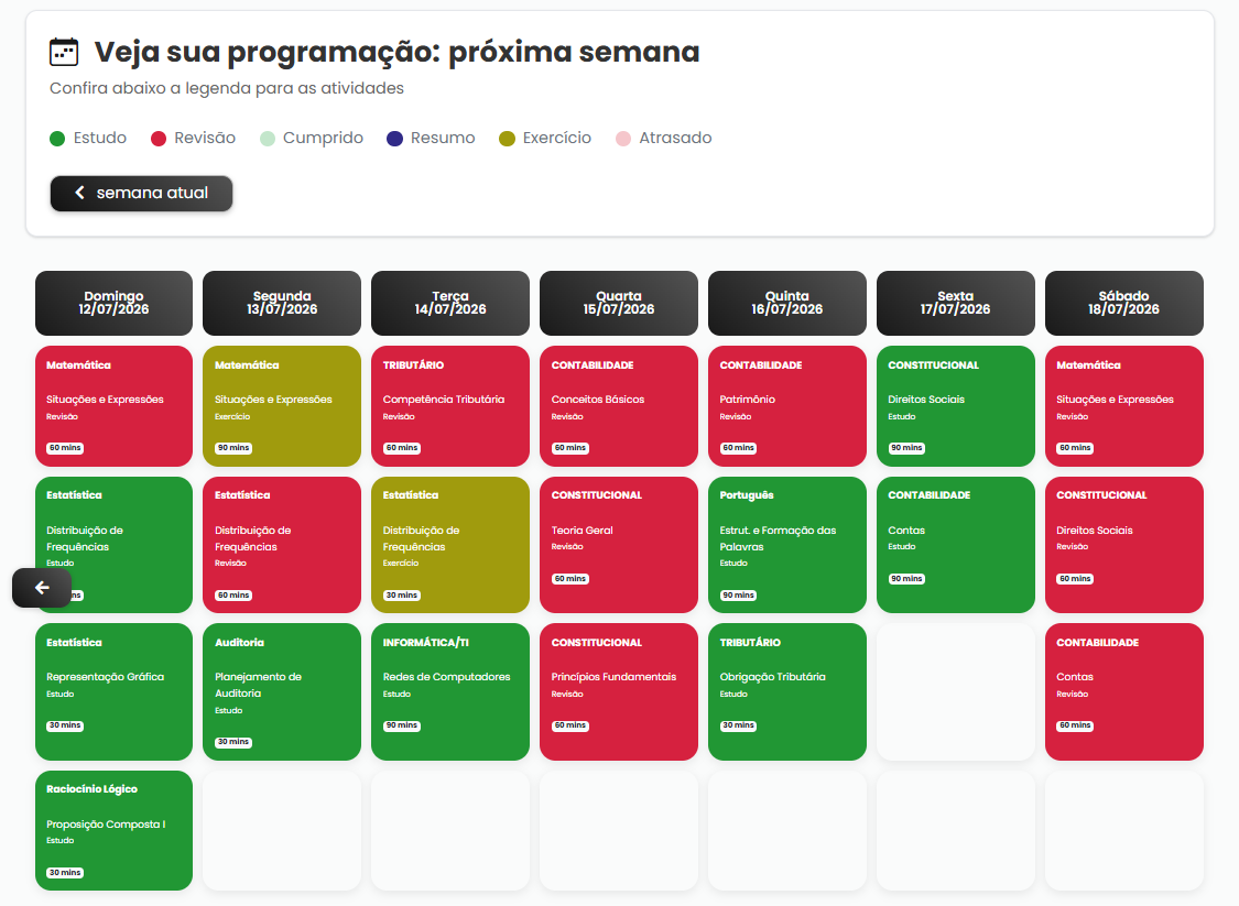 Cronograma semanal com estudos, revisões e exercícios distribuídos entre disciplinas