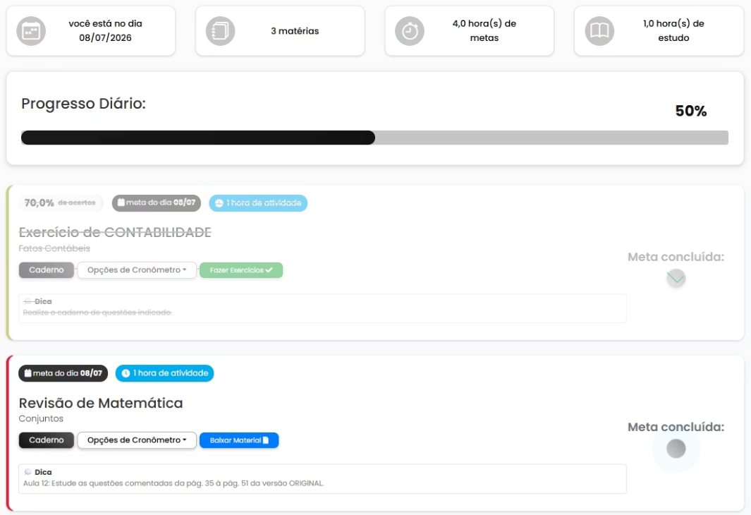 Painel de metas diárias mostrando exercício de contabilidade e revisão de matemática